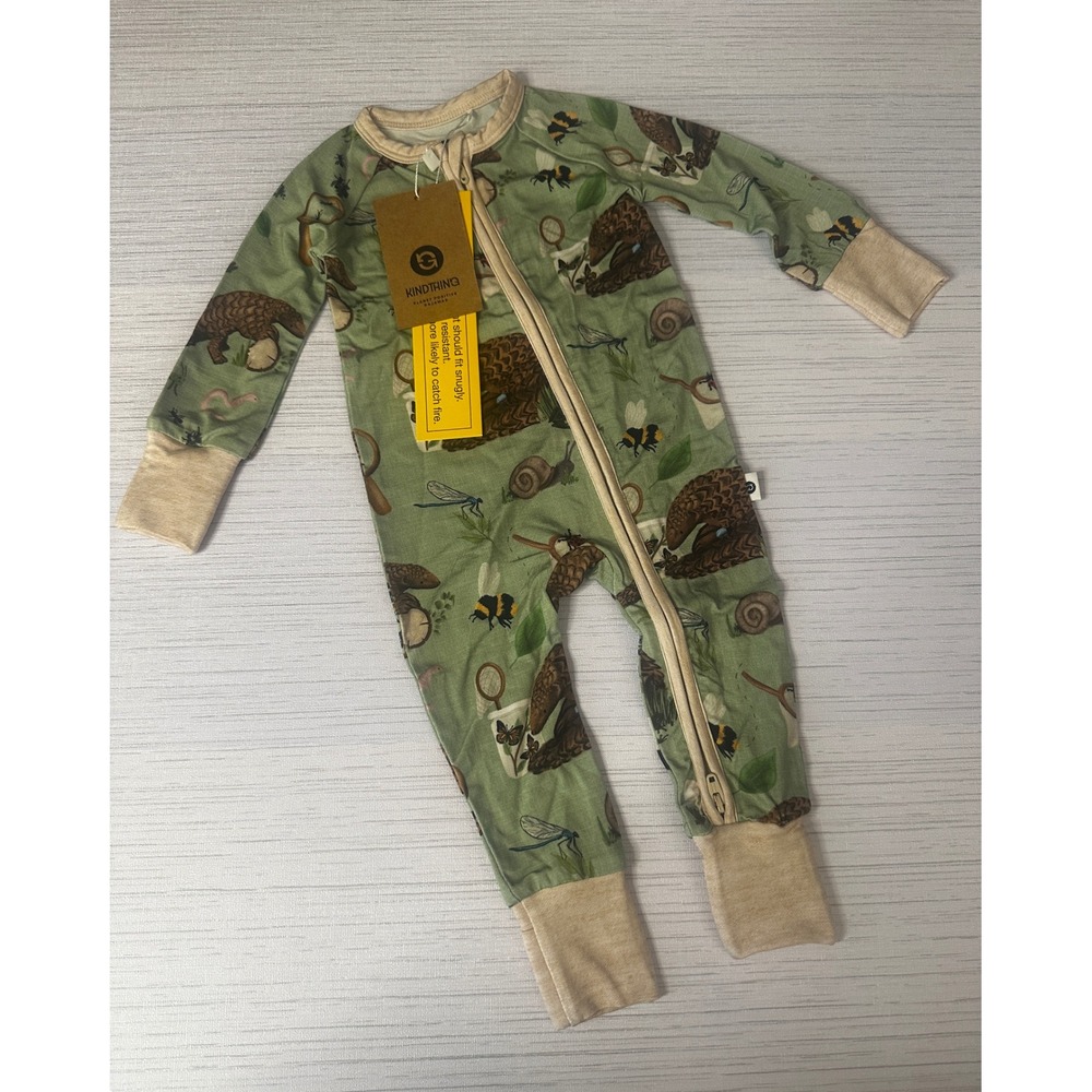 Kindthing Pangolin Nature Print Modal Zip Pajamas Sleeper Green 0-3M NWT